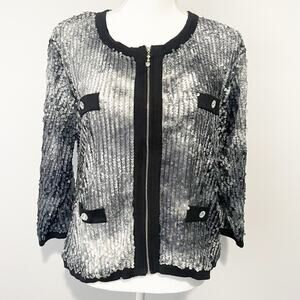 Michael Simon black silver sequin zip jacket crystals lightweight size XL